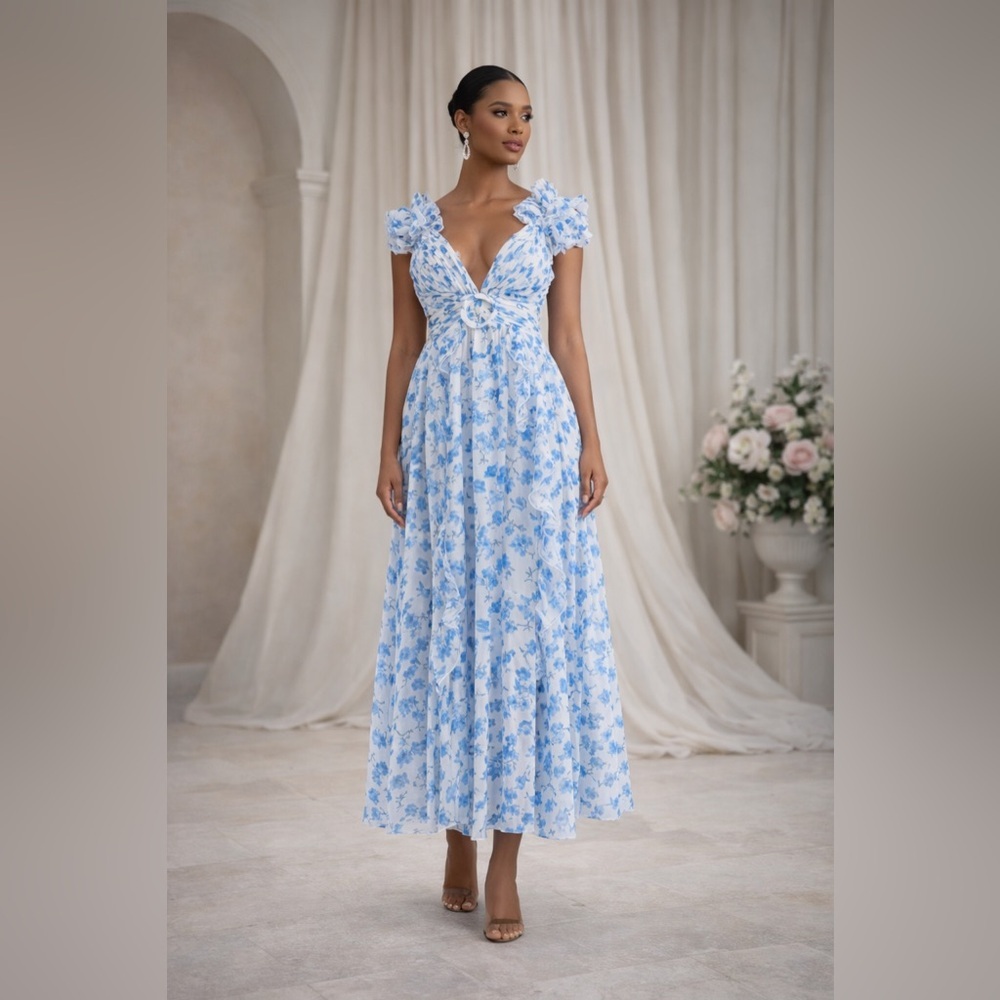 Blue and White Ruffled Maxi Dress V-Neck Sleeveless